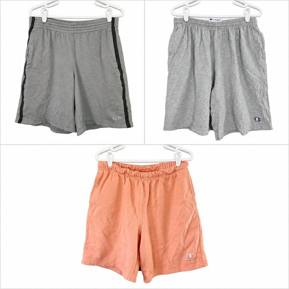 Champion Lot of 3 Shorts Mens Medium Gray Peach Fleece Jersey Mesh Athletic EUC